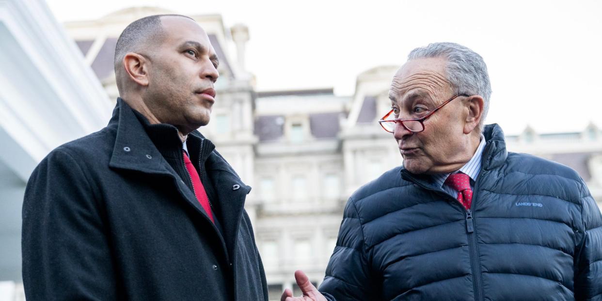 House Minority Leader Hakeem Jeffries and Senate Majority Leader Chuck Schumer outside the White House earlier this year.