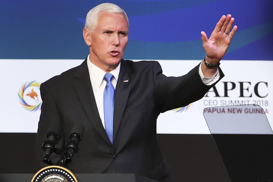 U.S. Vice President Mike Pence attends the APEC CEO Summit 2018 in Port Moresby, Papua New Guinea, Saturday, Nov. 17, 2018. (Fazry Ismail/Pool Photo via AP)