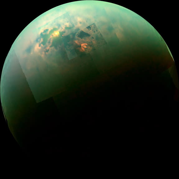 Today, Saturn's moon Titan has polar seas (shown here with the sun glinting off), but in the past, it may have been a giant snowball with a strong resemblance to Pluto.