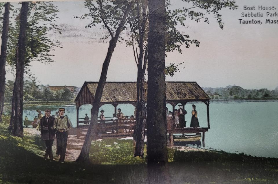 A postcard, part of The Old Colony History Museum's collection, showing a boat house at Sabbatia Park.