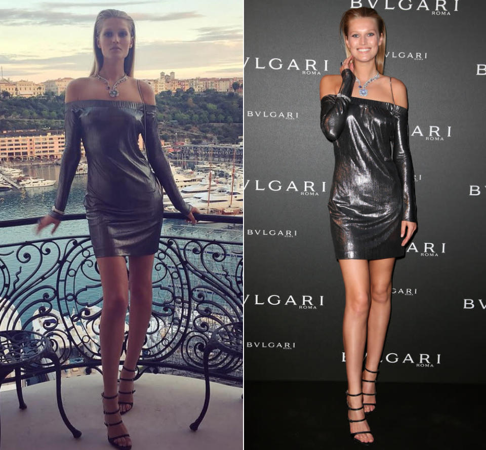 Eigentlich war es wenig spektakulär, das schulterfreie kleine Partydress in Metallic von Maison Siran, in dem Model Toni Garrn auf dem Bvlgari-Event in Monaco die Nacht durchfeierte – wären da nicht Tonis atemberaubende Beine gewesen, die durch den Look so perfekt in Szene gesetzt wurden, dass daneben selbst der auffällige Saphirschmuck des Luxuslabels verblasste! (1. Juni 2016, Bilder: Instagram/tonigarrn, Getty Images)