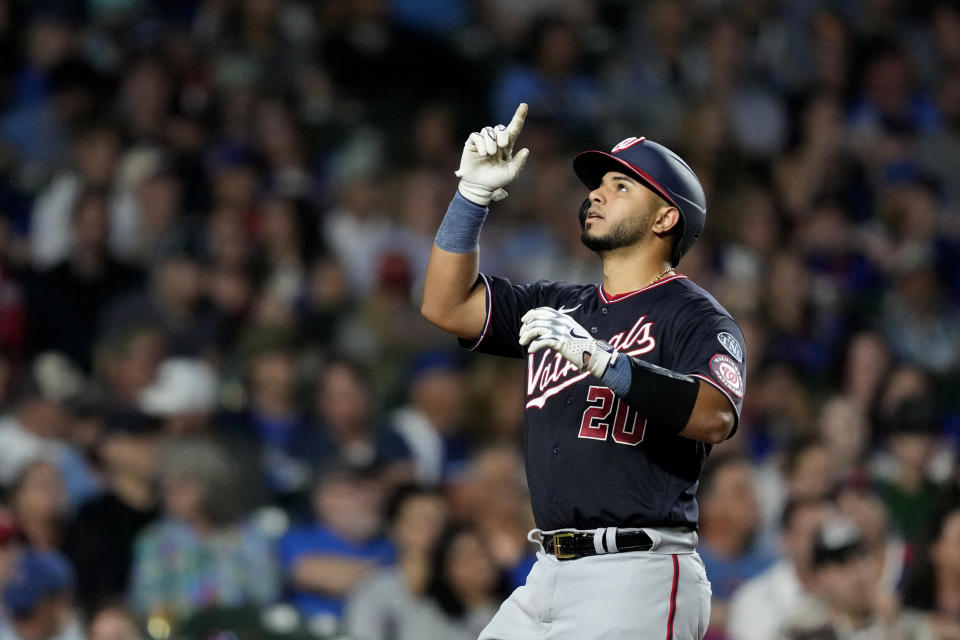 Washington Nationals' Keibert Ruiz celebrates his two-run home run during the seventh inning of a baseball game against the Chicago Cubs Monday, July 17, 2023, in Chicago. (AP Photo/Charles Rex Arbogast)