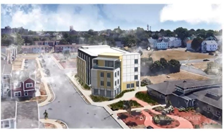 Artist rendition of apartment building for senior citizens planned at the Temple Landing development in New Bedford.