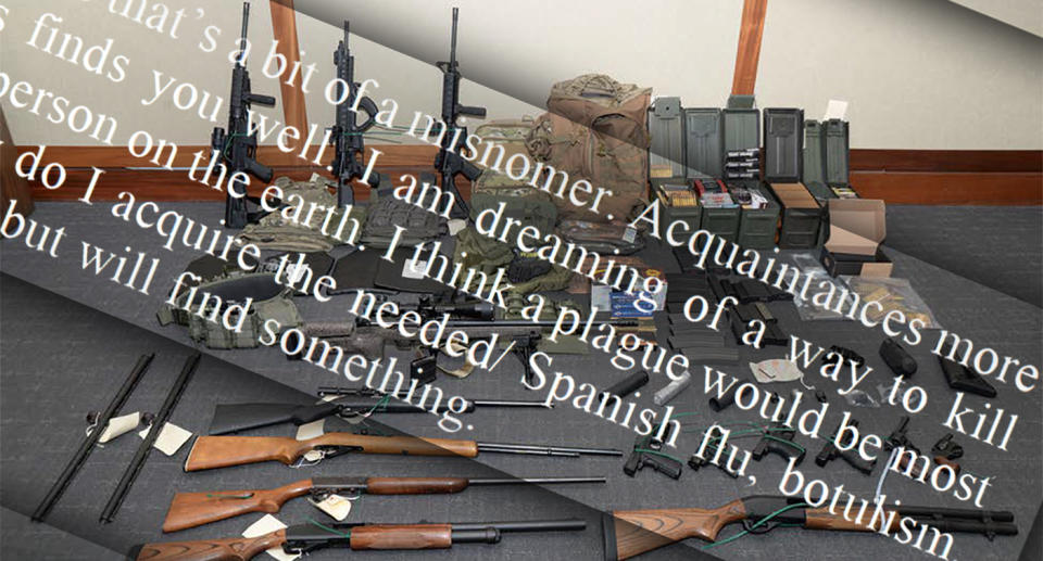 Firearms and ammunition found at Christopher Hasson’s residence, plus a portion of a letter found. (Photo illustration: Yahoo News; photos: U.S. District Court for the District of Maryland)