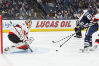 Ottawa Senators' Anton Forsberg, left, makes a save against Columbus Blue Jackets' Jakub Voracek during the second period of an NHL hockey game Sunday, Jan. 23, 2022, in Columbus, Ohio. (AP Photo/Jay LaPrete)