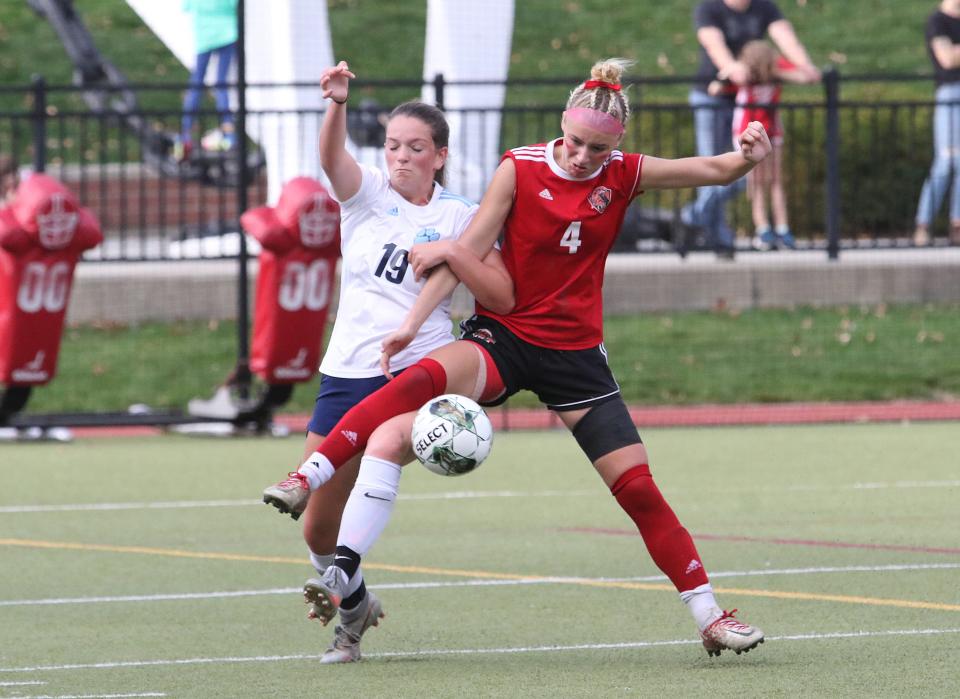 CVU's Chloe Pecor reaches for the ball during the Redhawks' 1-0 win over the Cougars in the 2022 D1 State Championship game at Norwich University.