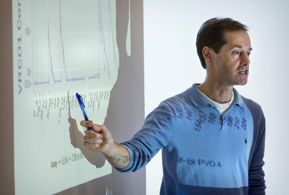 Peter Gilbert, head of Biostatistics, Bioinformatics and Epidemiology, speaks during a Vaccine Trials Network meeting at Fred Hutchinson Cancer Research Center in Seattle, Washington