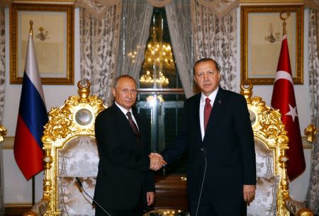 Russian President Vladimir Putin (L) shakes hands with his Turkish counterpart Tayyip Erdogan during their meeting in Istanbul, Turkey, October 10, 2016. Kayhan Ozer/Presidential Palace/Handout via REUTERS