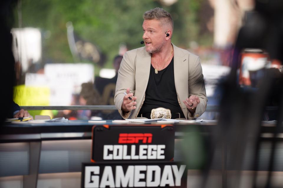 Sep 16, 2023; Boulder, Colorado, USA; Pat McAfee on the set of ESPN College GameDay prior to the game between the Colorado Buffaloes and the Colorado State Rams at Folsom Field. Mandatory Credit: Andrew Wevers-USA TODAY Sports