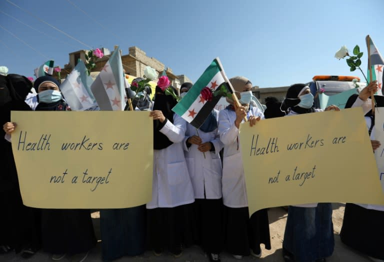 Medical staff in Atme, a town in the rebel-held Syrian province of Idlib, urge the international community to protect them from an expected regime offensive