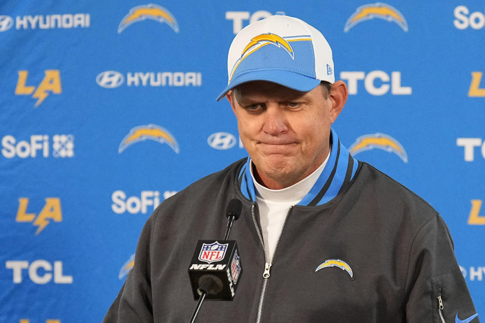 Los Angeles Chargers interim head coach Giff Smith talks during a news conference following a loss against the Denver Broncos during an NFL football game, Sunday, Jan. 31, 2023, in Denver. (AP Photo/Jack Dempsey)