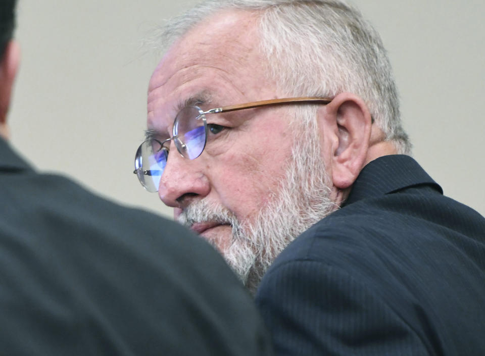 William Strampel, the ex-dean of MSU's College of Osteopathic Medicine and former boss of Larry Nassar, appears during closing arguments in his trial before Judge Joyce Draganchuk at Veterans Memorial Courthouse in Lansing, Mich., on Tuesday, June 11, 2019. Strampel is charged with four counts including second-degree criminal sexual conduct, misconduct in office and willful neglect of duty.  (J. Scott Park/Jackson Citizen Patriot via AP)