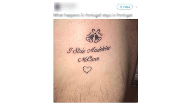 A British man bragged about the offensive tattoo he got inked after a trip to Portugal. Picture: Twitter