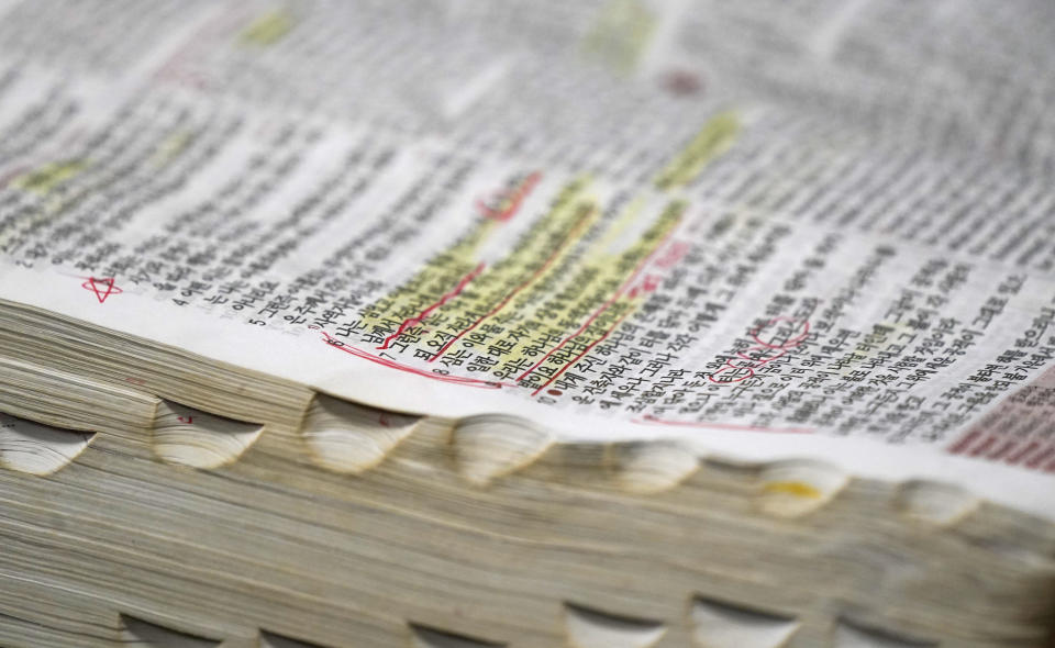 A student's Bible lies open during a women's ministry class at the Southwestern Baptist Theological Seminary in Fort Worth, Texas, Thursday, Nov. 18, 2021. (AP Photo/LM Otero)
