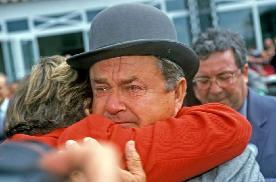 Alec Head with his daughter Criquette after winning at Chantilly, 2000: the whole family were involved in top-level racing - Trevor Jones/Popperfoto via Getty Images