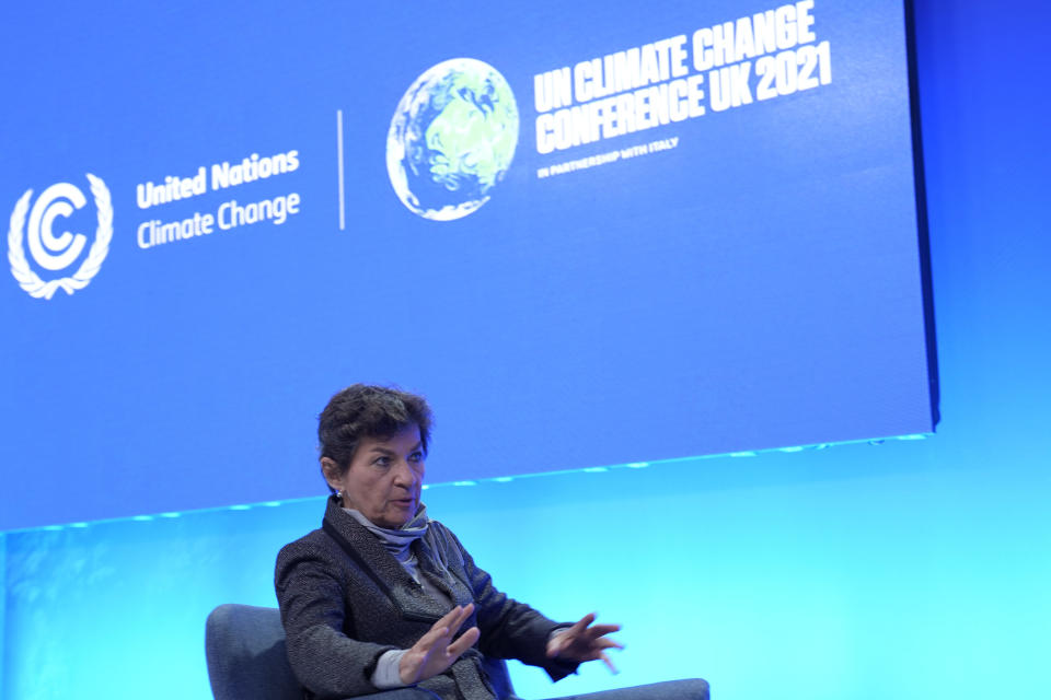 Christiana Figueres, former UN climate chief who led the 2015 Paris accord, speaks to The Associated Press in Glasgow, Scotland, Sunday, Oct. 31, 2021. The U.N. climate summit in Glasgow formally opens Sunday, a day before leaders from around the world gather in Scotland's biggest city to lay out their vision for addressing the common challenge of global warming. (AP Photo/Alastair Grant)