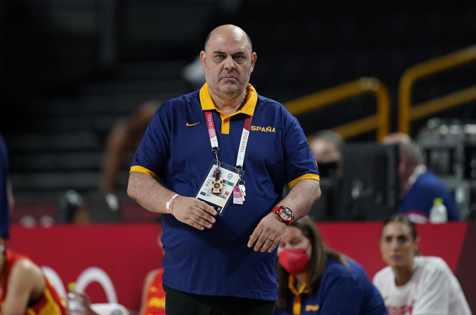 Spain's head coach Lucas Garcia watches during women's basketball preliminary round game between South Korea and Spain at the 2020 Summer Olympics, Monday, July 26, 2021, in Saitama, Japan. (AP Photo/Charlie Neibergall)