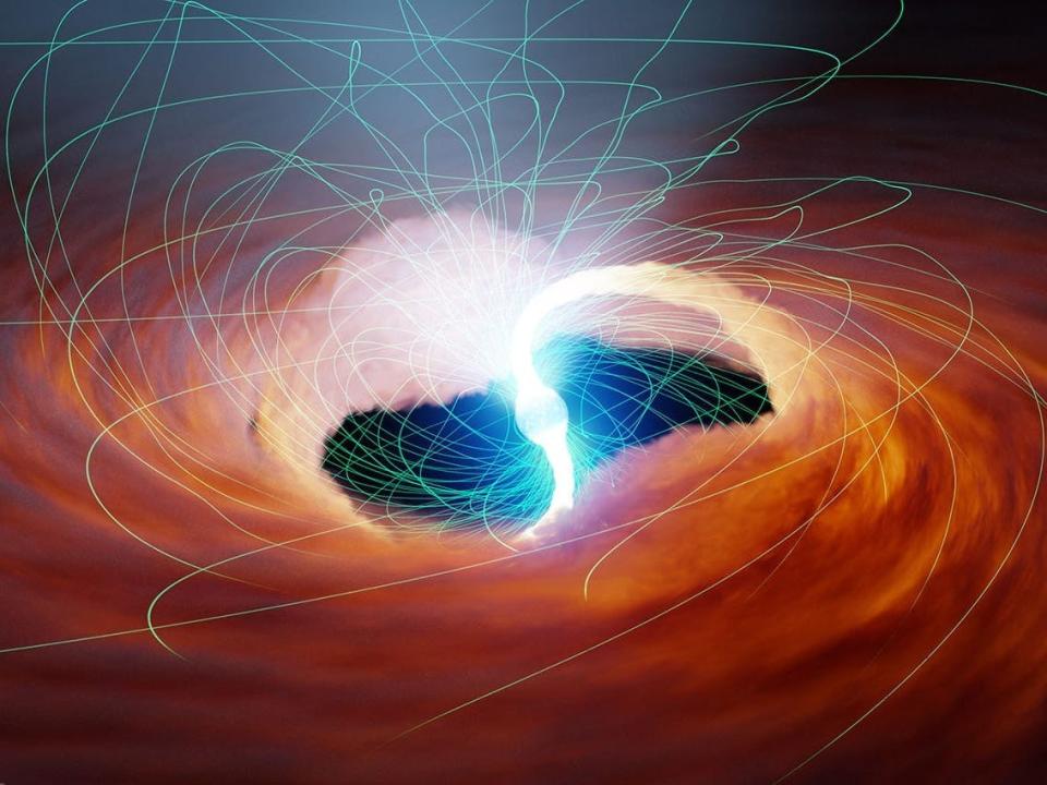 An artist's impression shows material being dragged into the ULX. The artist has drawn magnetic lines shooting out of the neutron star that organize the matter.