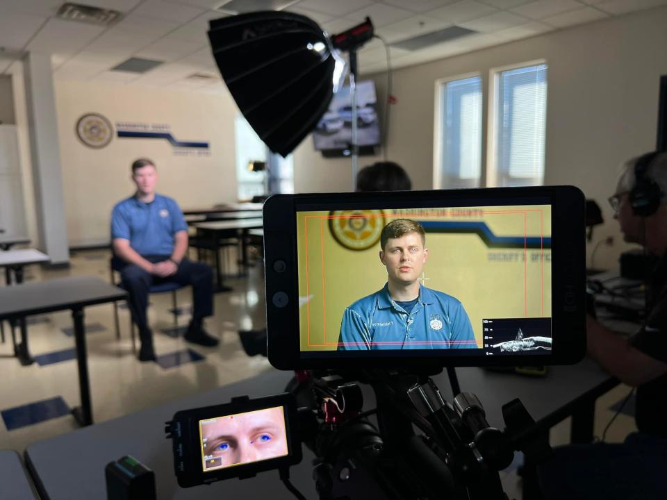 Sgt. Jacob Ramsey, with the Washington County Sheriff's Office's detention division, being interviewed recently for a recruitment commercial with the help of Antietam Broadband.