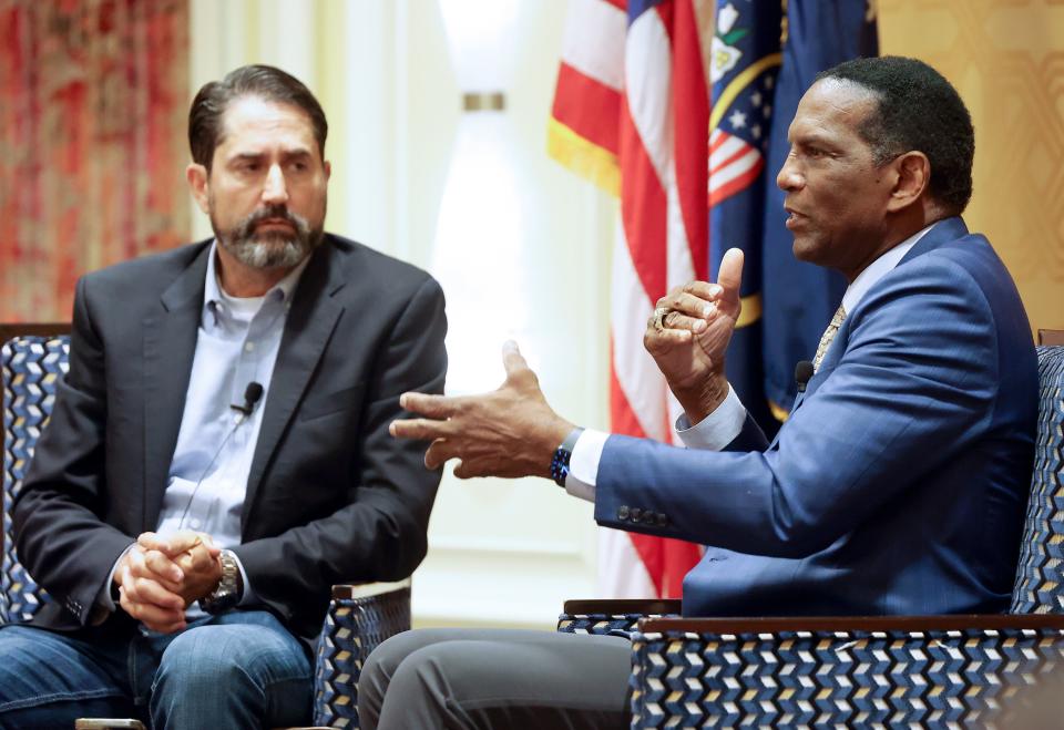Rep. Burgess Owens, R-Utah, speaks at The Dollars and Sense of Second Chance Hiring: A Utah Employer Engagement Forum, hosted by Right on Crime, at the Little America in Salt Lake City on Thursday, Aug. 24, 2023. Brett Tolman, Right on Crime executive director, moderates. | Kristin Murphy, Deseret News