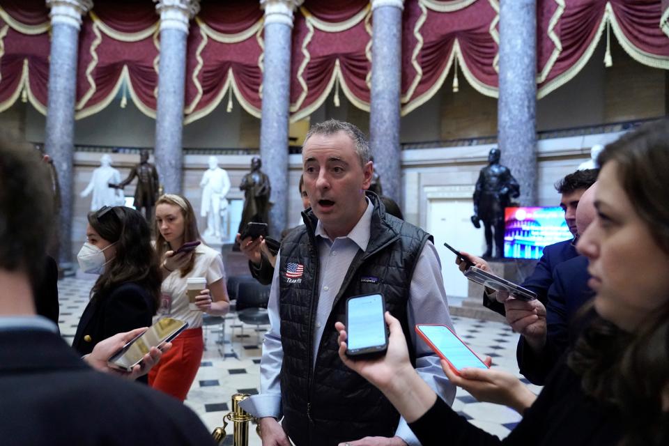 Rep. Brian Fitzpatrick, R-Pa., talks with reporters after a meeting with Rep. Kevin McCarthy, R-Calif., before the House meets for the third day to elect a speaker and convene the 118th Congress in Washington, Thursday, Jan. 5, 2023.