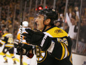 BOSTON, MA - OCTOBER 06: Brad Marchand #63 of the Boston Bruins celebrates his goal in the first period against the Philadelphia Flyers on October 6, 2011 at TD Garden in Boston, Massachusetts. (Photo by Elsa/Getty Images)