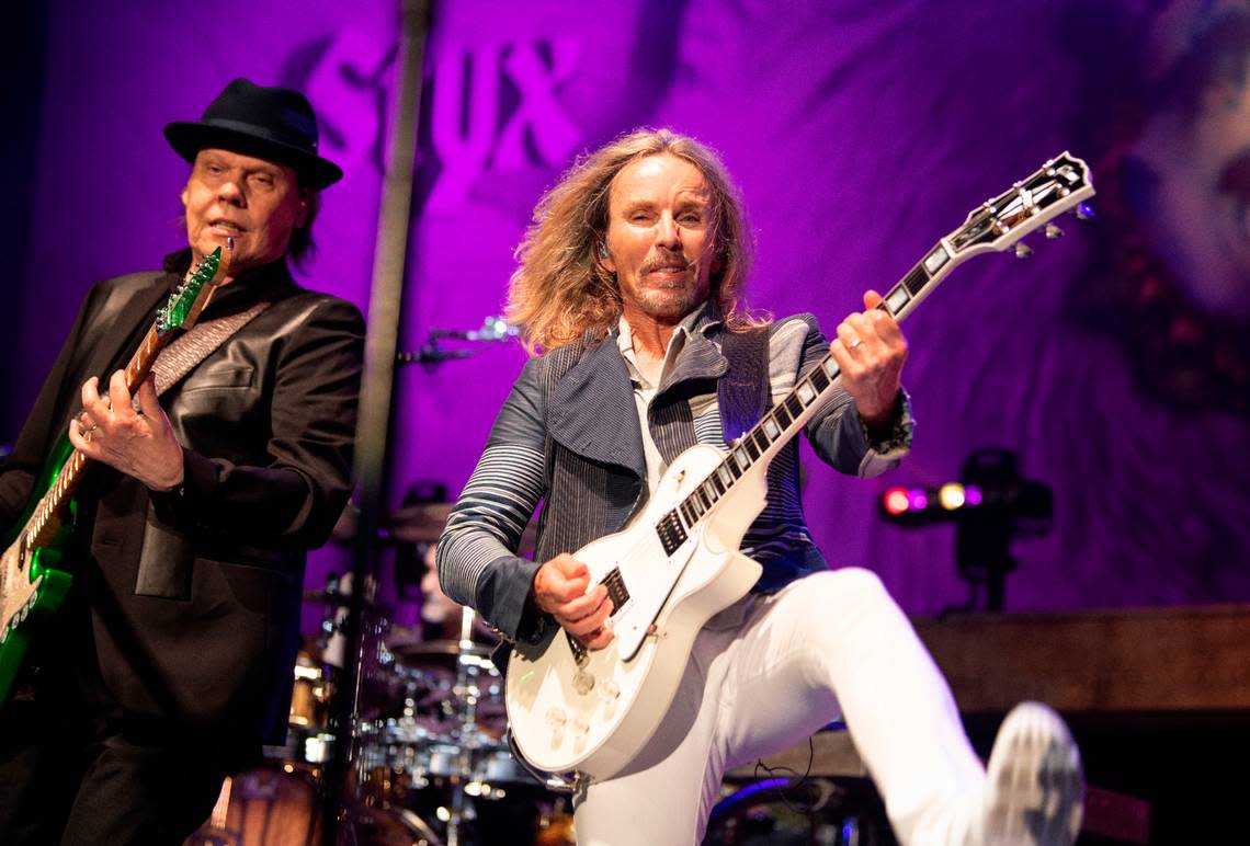 Tommy Shaw (right) and James Young and Styx in concert at Raleigh, N.C.’s Coastal Credit Union Music Pavilion at Walnut Creek, Wednesday night, Aug. 10, 2022.