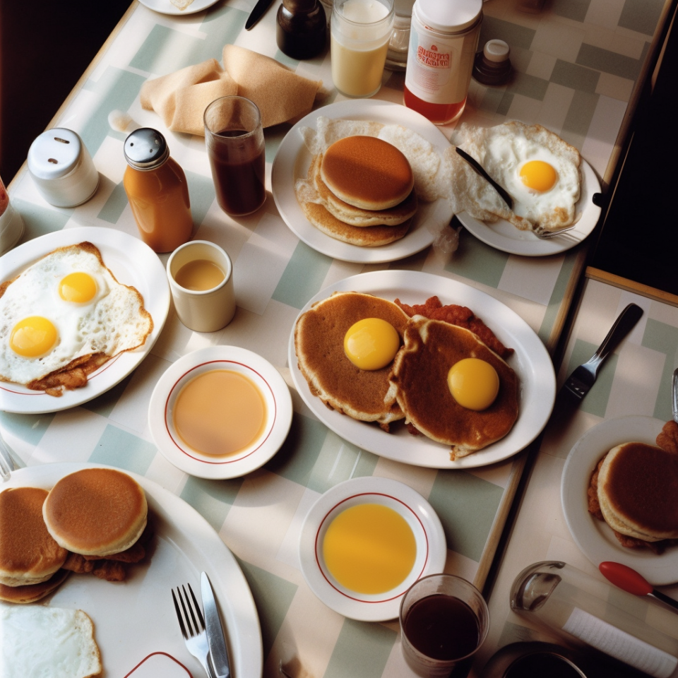 Michelle Gerard and Jenna Belevender's "Convergent Diner" series for Morgenmete Journal, explores the wonky world of A.I.-produced photos of a breakfast spread at a retro diner.
