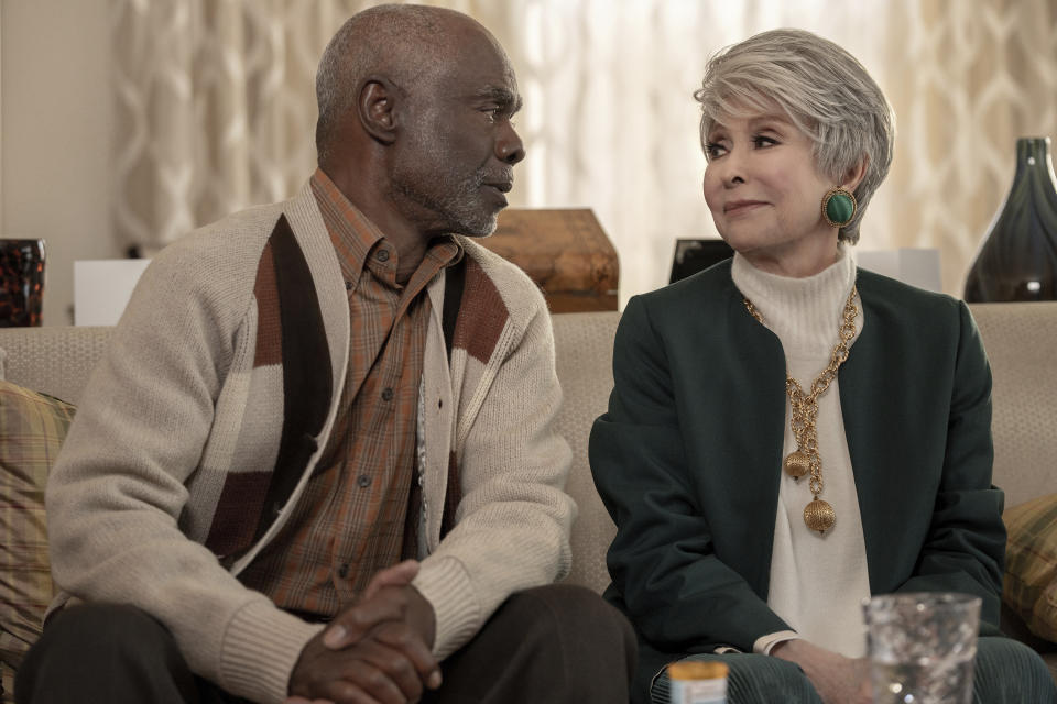 This image released by Paramount shows Glynn Turman, left, and Rita Moreno in a scene from "80 for Brady." (Scott Garfield/Paramount Pictures via AP)