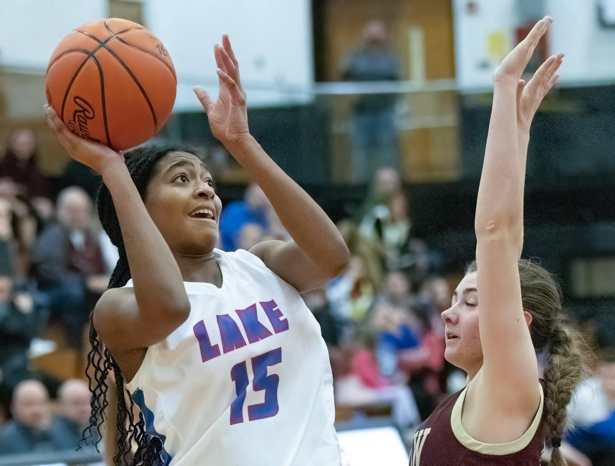 Lake’s Serenitee Johnson shoots over Stow’s Rachell Fralley on Friday March 1, 2024.