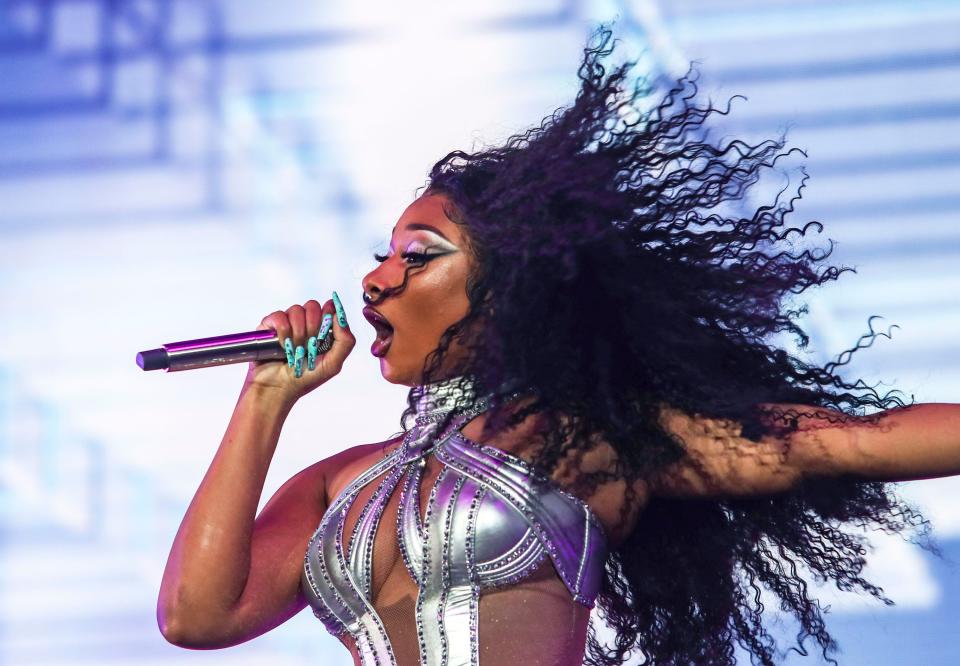 Megan Thee Stallion performs on the main stage at the Coachella Valley Music and Arts Festival in Indio, Calif., Saturday, April 16, 2022. 