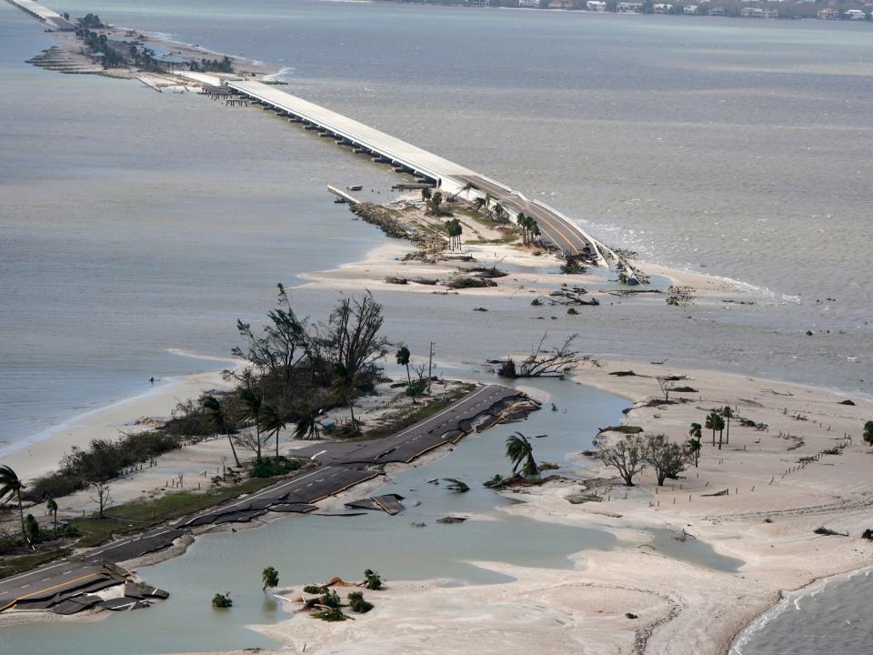 A damaged causeway to Sanibel Island is seen in the aftermath of Hurricane Ian , Thursday, Sept. 29, 2022, near Sanibel Island, Fla.