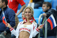 <p>A Russia fan enjoys the pre match atmosphere prior to the 2018 FIFA World Cup Russia group A match between Russia and Egypt at Saint Petersburg Stadium on June 19, 2018 in Saint Petersburg, Russia. (Photo by Richard Heathcote/Getty Images) </p>