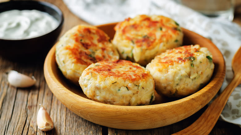 chicken meatballs in wooden bowl