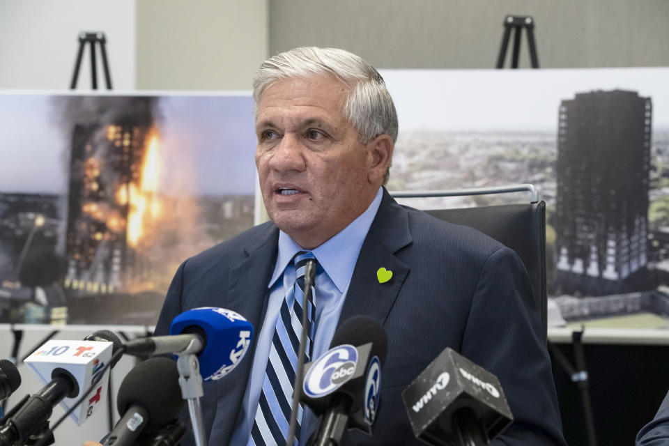 Attorney Robert Mongeluzzi speaks with members of the media during a news conference in Philadelphia, Tuesday, June 11, 2019. A lawsuit filed in the United States says faulty building materials helped spread a fire at London's Grenfell Tower in 2017. The lawsuit was filed in a state court in Philadelphia on Tuesday. (AP Photo/Matt Rourke)