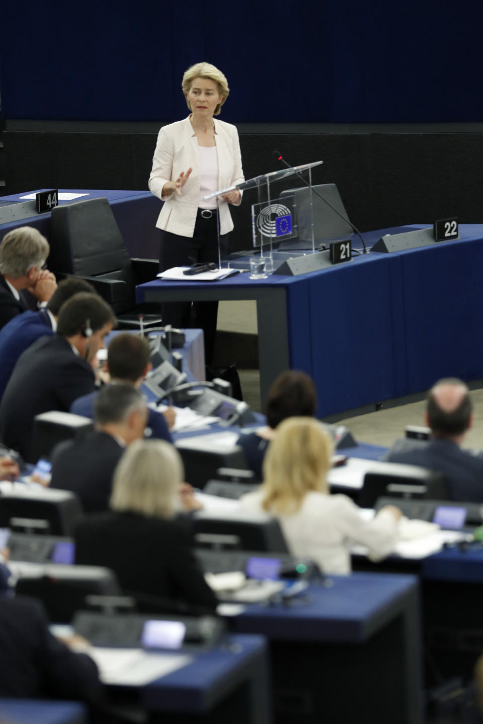 Germany's Ursula von der Leyen delivers her speech at the European Parliament in Strasbourg, eastern France, Tuesday July 16, 2019. Ursula von der Leyen outlined her vision and plans as Commission President. The vote, held by secret paper ballot, will take place later today. (AP Photo/Jean-Francois Badias)