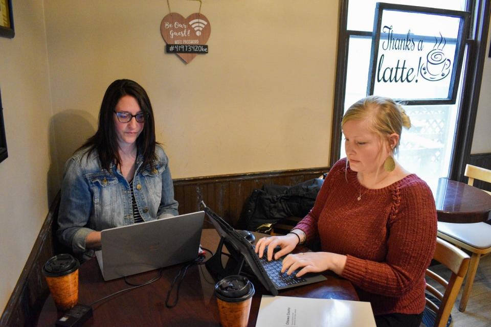 Monica Metcalf, Manager of Employment Resources at the Ottawa County OhioMeansJobs center, left, and Megan Kimberlin, Workforce Development Supervisor for Ottawa County, hosted Careers, Conversations & Coffee events at local coffee shops last week to highlight services for employers and job seekers. Here, they hosted a coffee event at Coffee Express on May 3.