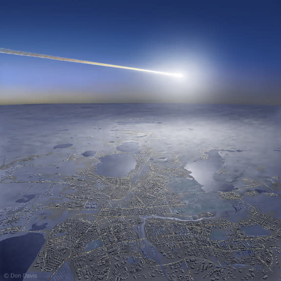 Artist's view of last year’s fireball explosion over Chelyabinsk, Russia – termed a "superbolide" event.