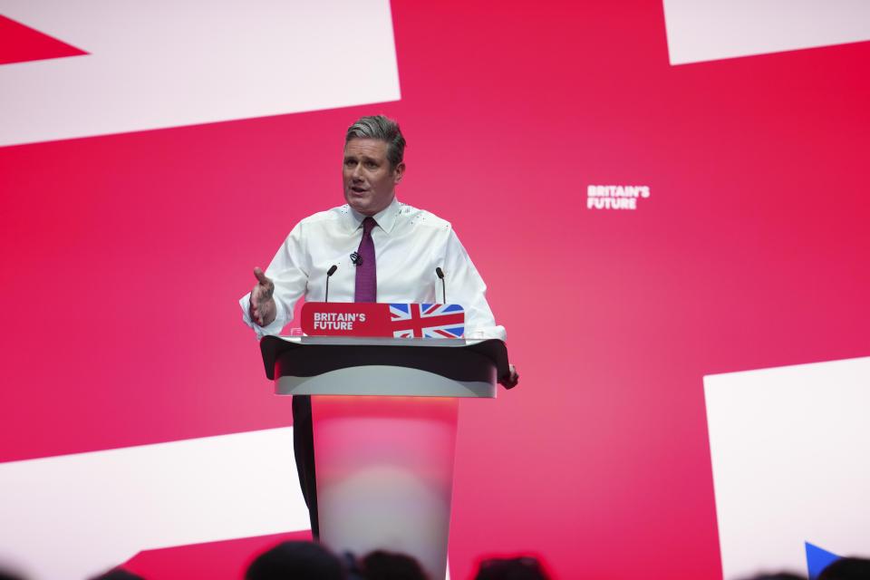 FILE - Britain's opposition Labour Party leader Keir Starmer delivers his keynote speech at the Labour Party conference in Liverpool, England, Tuesday, Oct. 10, 2023. Voters in more than 50 countries that are home to half the world’s population are eligible to vote in elections in 2024. (AP Photo/Jon Super, File)