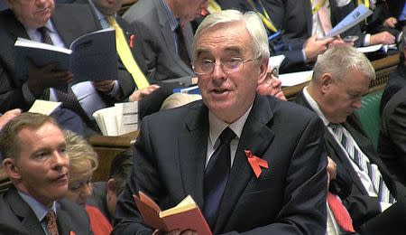 A still image from video shows Britain's shadow Chancellor of the Exchequer John McDonnell quoting from Mao's Little Red Book, after Chanceller George Osborne's delivery of the Autumn Statement to Parliament in London, Britain November 25, 2015. REUTERS/UK Parliament via REUTERS TV