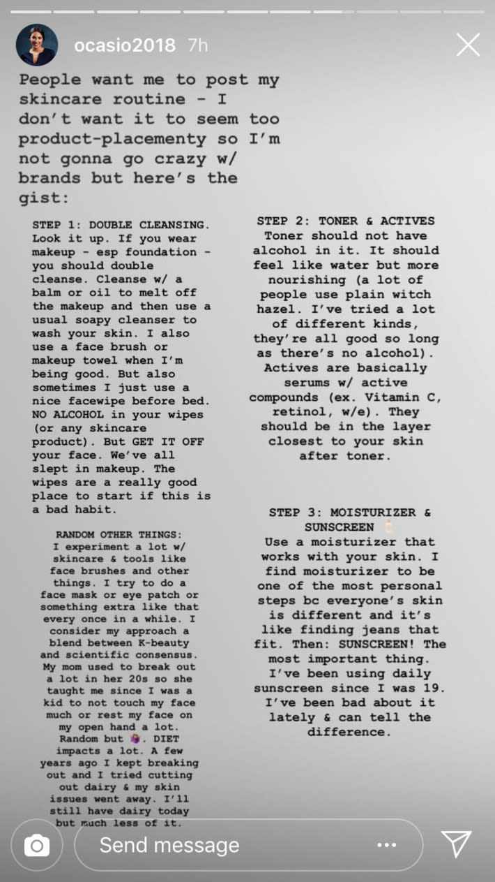 Three simple yet crucial steps make up Alexandria Ocasio-Cortez’s skin care routine. (Photo: ocasio2018 via Instagram)
