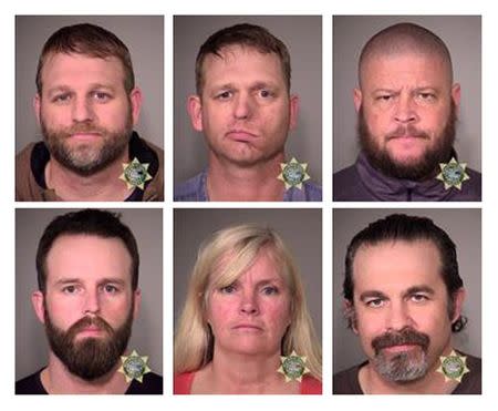 Inmates (clockwise from top left) Ammon Bundy, Ryan Bundy, Brian Cavalier, Peter Santilli, Shawna Cox and Ryan Payne are seen in a combination of police jail booking photos released by the Multnomah County Sheriff's Office in Portland, Oregon January 27, 2016. REUTERS/MCSO/Handout via Reuters
