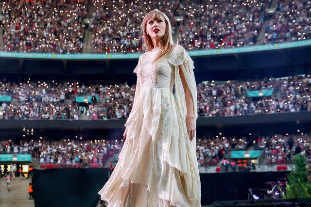 <p>Kevin Mazur/Getty</p> Taylor Swift performs on stage during her Eras Tour show at Wembley Stadium on June 22, 2024 in London, England.