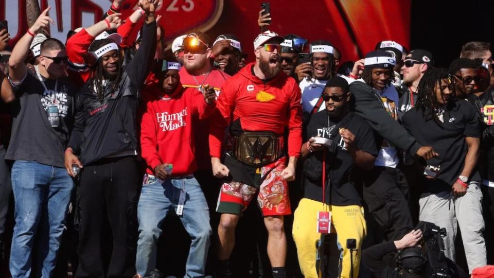 Kelce getting carried away at the Chief's celebration in Kansas City (Photo by Jamie Squire/Getty Images)