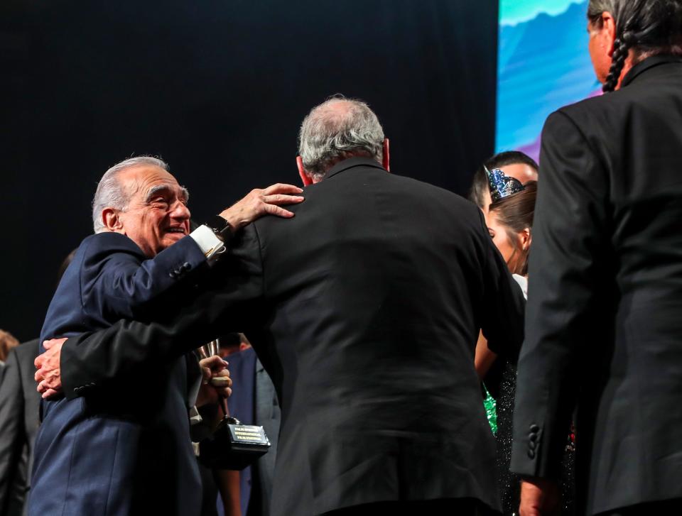 "Killers of the Flower Moon" Director Martin Scorsese receives the Vanguard Award from Principal Chief of the Osage Nation Geoffrey Standing Bear on Jan. 4 during the Palm Springs International Film Awards in Palm Springs, Calif.