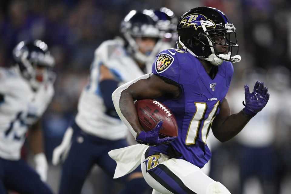 Baltimore Ravens wide receiver De'Anthony Thomas (16) runs against the Tennessee Titans on a kickoff return during the first half an NFL divisional playoff football game, Saturday, Jan. 11, 2020, in Baltimore. (AP Photo/Nick Wass)