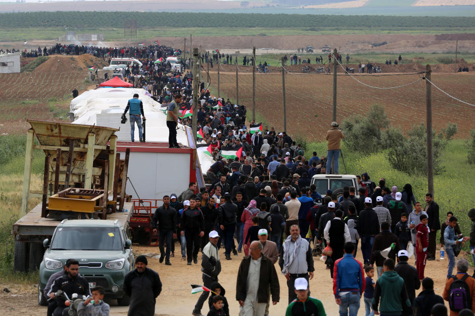 Palestinians rally during the 'Great Return March' in Gaza City, Gaza on March 30, 2018.