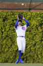 Chicago Cubs center fielder Jake Marisnick catches a fly ball by Los Angeles Dodgers' Corey Seager during the first inning of a baseball game in Chicago, Wednesday, May 5, 2021. (AP Photo/Nam Y. Huh)