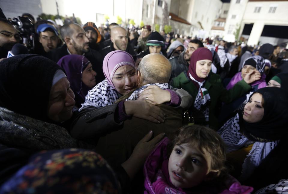 A prisoner released from an Israeli prison is welcomed by relatives in the West Bank city of Ramallah