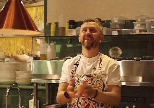 Chef Kostyantyn Onikienko  works in the kitchen of the Nonna Macarona restaurant in Chernivtsi, western Ukraine, in an image from a social media post by the business, which finally appeared on Google Maps about a month after opening. / Credit: Nonna Macarona/Instagram